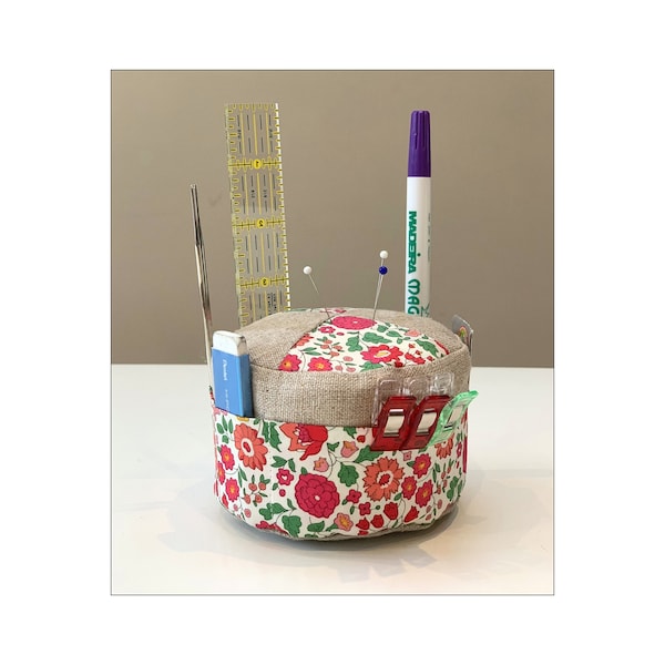Pin Cushion Caddy PDF Sewing Pattern, needle clip & notions organizer, round cylindrical shape, linen and Liberty patchwork by Tikki London