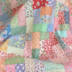 Easy Patchwork Quilt Sewing Pattern: Retro 1930s Fabrics, Cot, Lap & Single Bed Sizes (PDF)