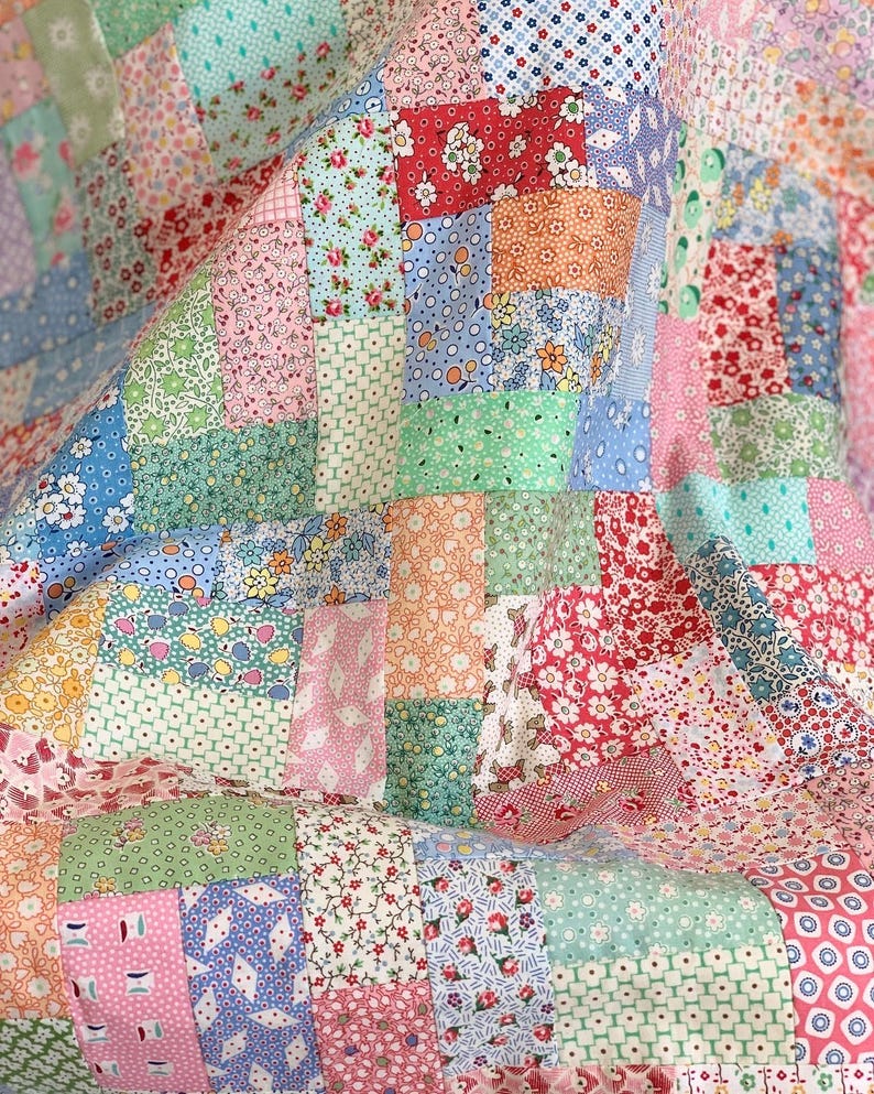 Easy Patchwork Quilt Sewing Pattern: Retro 1930s Fabrics, Cot, Lap & Single Bed Sizes (PDF)