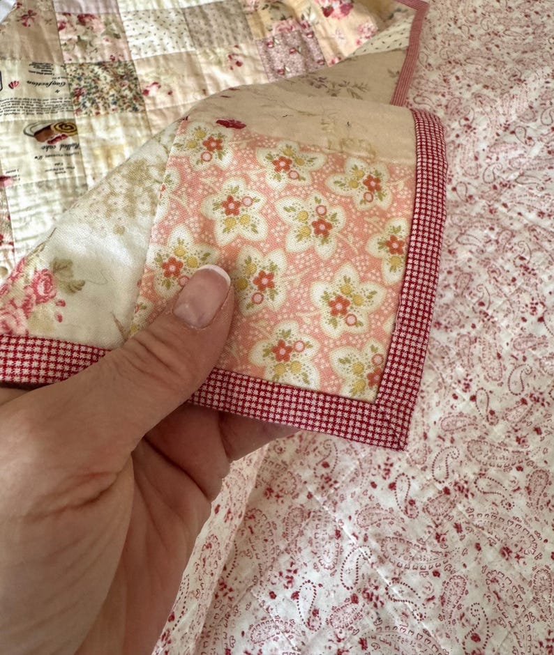 Triple Squares Quilt Pattern, Easy Traditional Patchwork Sewing Tutorial (PDF), Red gingham binding on quilt