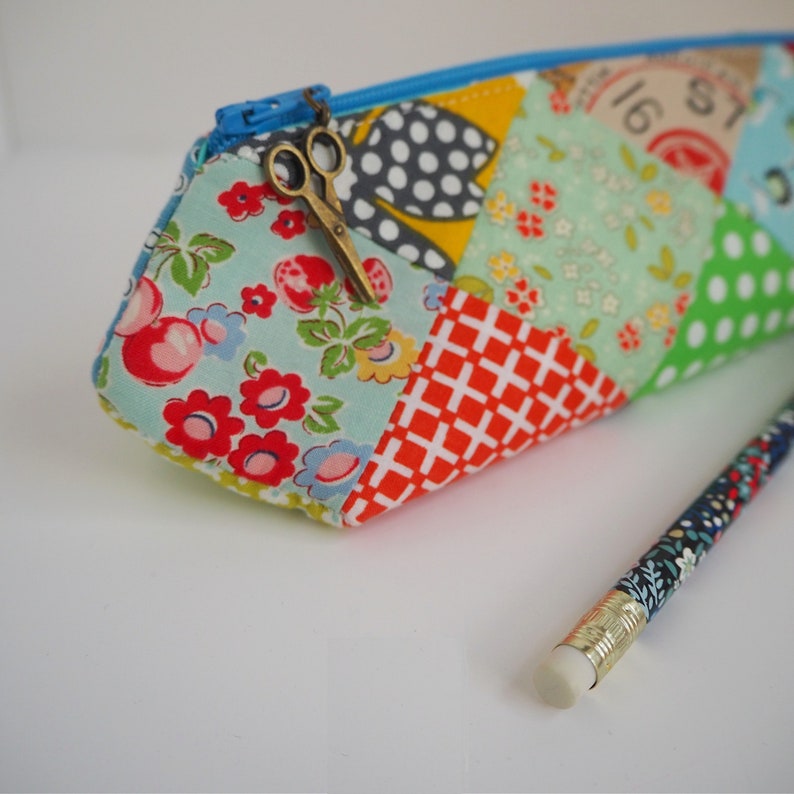 Pencil case PDF sewing pattern, a fun & easy 3D elongated triangle prism shape zip pouch, patchwork design bag by Tikki London