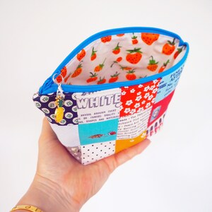 Zipper Pouch Pattern, make-up bag, zippy pouch, scrappy quilt fabric patches, patchwork sewing pattern, PDF download by Tikki London