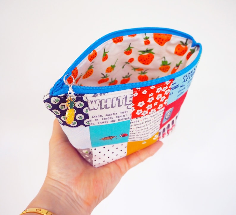 Zipper Pouch Pattern, make-up bag, zippy pouch, scrappy quilt fabric patches, patchwork sewing pattern, PDF download by Tikki London