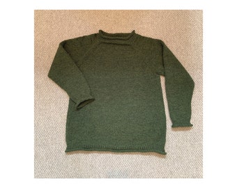 Top Down Sweater Knitting Pattern, ladies easy size classic jumper with round neck, sample knitted in green DK yarn, PDF tutorial