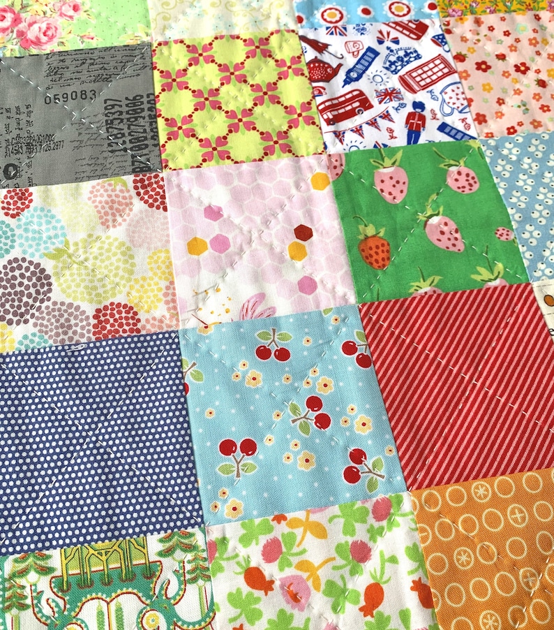 Starter Quilt Sewing Pattern for the Complete Beginner, Easy & small size patchwork to learn the basics, sewing tutorial by Tikki London, toy quilt, dolly quilt, first quilt