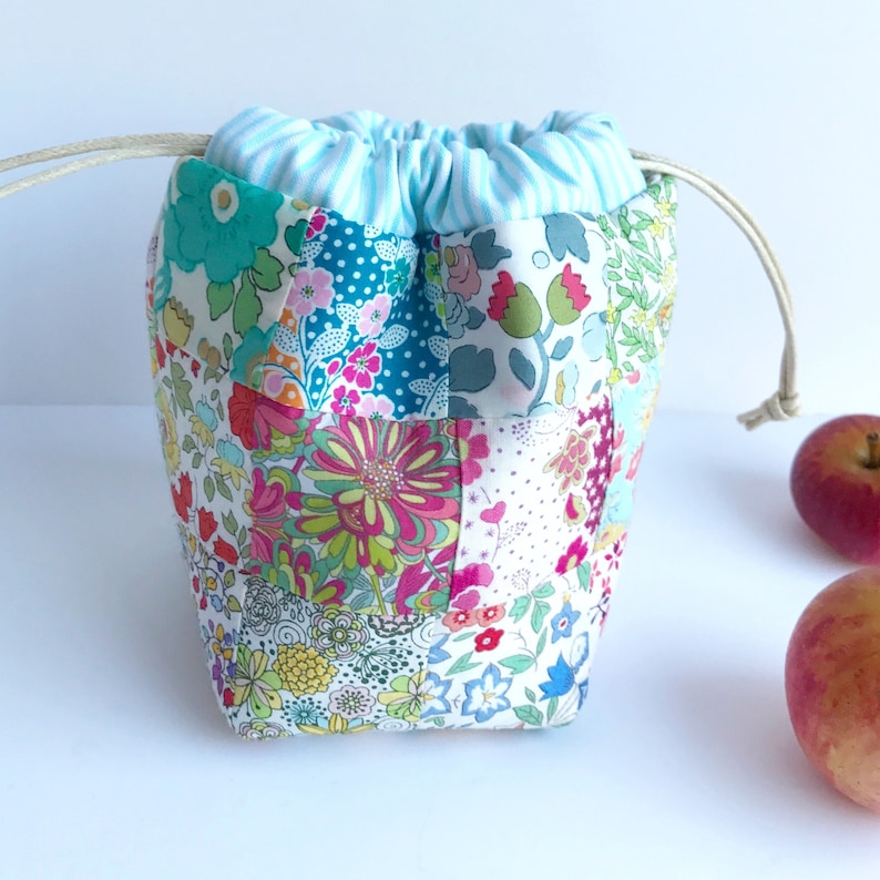 Drawstring Pouch Bag sewing pattern, cute modern patchwork quilt project, we used scrappy Liberty London cotton lawn fabrics, small size