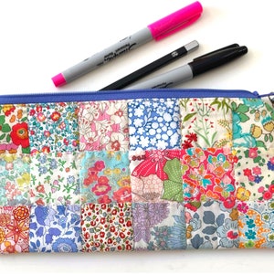 Easy Pouch Sewing Pattern, modern Liberty London fabrics patchwork design, rectangle zipper pencil case, beginner zippy quilted bag tutorial