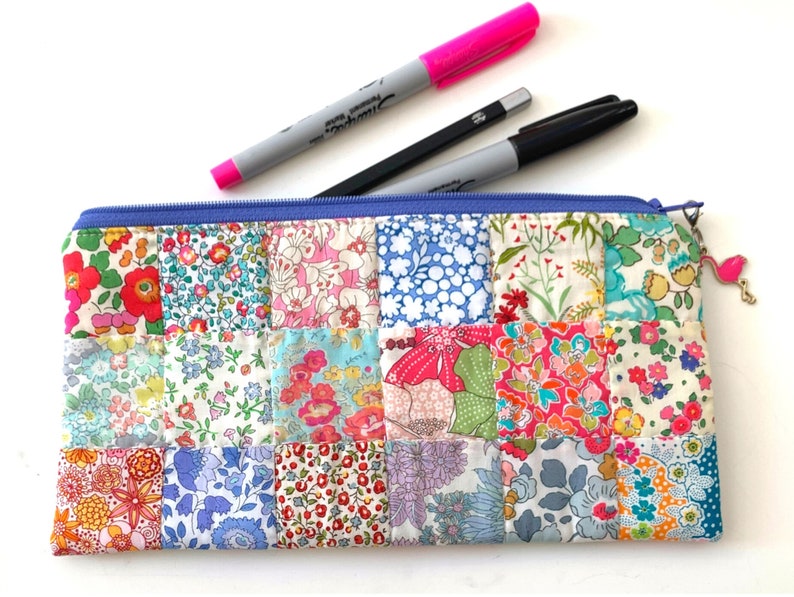 Easy Pouch Sewing Pattern, modern Liberty London fabrics patchwork design, rectangle zipper pencil case, beginner zippy quilted bag tutorial