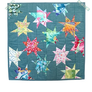 Stars Quilt Pattern Easy Patchwork project, small beginner friendly wonky stars design, PDF sewing tutorial by Tikki London