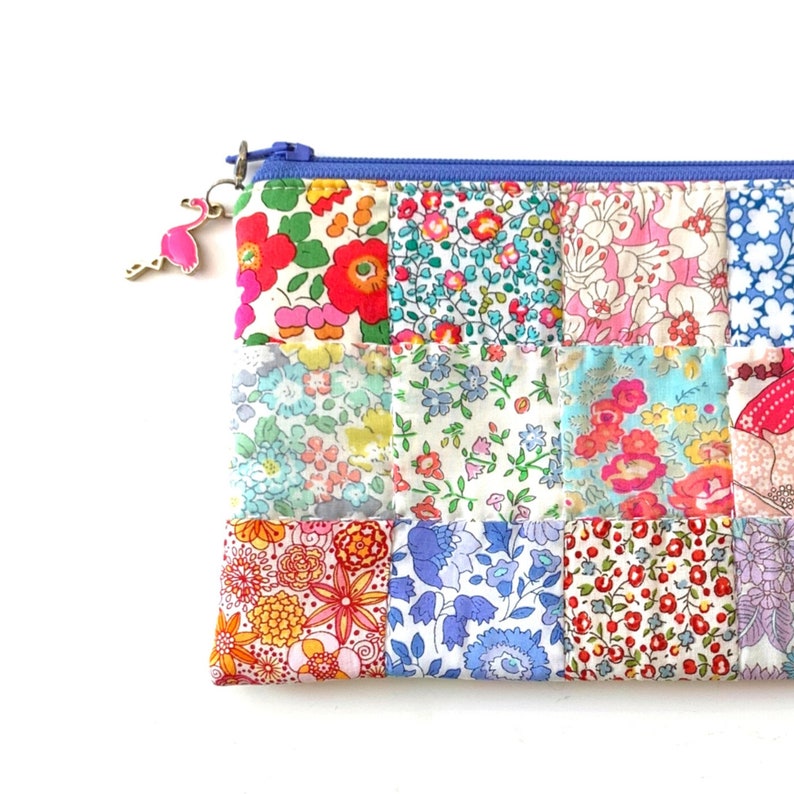 Liberty London Love, Easy Patchwork Pencil Case PDF Sewing Pattern, sample pouch made in pretty Liberty London ditsy floral fabrics, quilted zip bag tutorial.