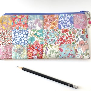 Easy Patchwork Pencil Case PDF Sewing Pattern, sample pouch made in pretty Liberty London ditsy floral fabrics, quilted zip bag tutorial, design by Tikki London