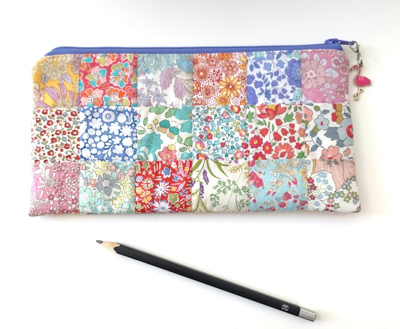 Easy Patchwork Pencil Case PDF Sewing Pattern, sample pouch made in pretty Liberty London ditsy floral fabrics, quilted zip bag tutorial, design by Tikki London