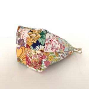 Drawstring Pouch Bag sewing pattern, cute modern patchwork quilt project, we used scrappy Liberty London cotton lawn fabrics, small size