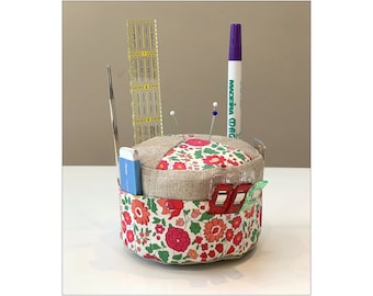 Pin Cushion Patchwork Sewing Pattern: Cylinder Shape Patchwork Caddy with Pockets (PDF)