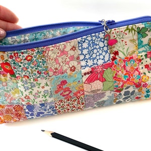 Easy Pouch Sewing Pattern, modern Liberty London fabrics patchwork design, rectangle zipper pencil case, beginner zippy quilted bag tutorial, Liberty London fabrics bag