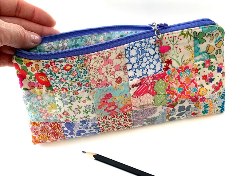 Easy Pouch Sewing Pattern, modern Liberty London fabrics patchwork design, rectangle zipper pencil case, beginner zippy quilted bag tutorial, Liberty London fabrics bag