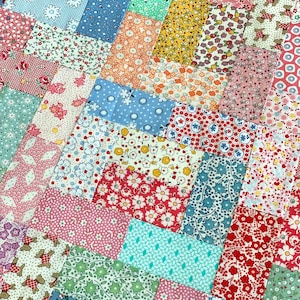 Easy Baby Quilt Pattern, beginner friendly fun patchwork sewing tutorial for ditsy 1930s fabrics, cot lap & single bed size, TikkiLondon PDF