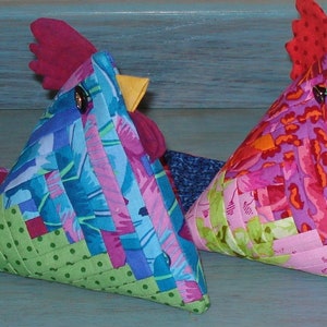 Chicken Patchwork Sewing Pattern is a tutorial to make 3D fabric birds from Log Cabin quilt blocks, PDF Easter crafts by Tikki London, there's an opening in the back seam to allow for small Easter eggs to be hidden inside.