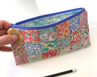 Easy Patchwork Pencil Case PDF Sewing Pattern, sample pouch made in pretty Liberty London ditsy floral fabrics, quilted zip bag tutorial.