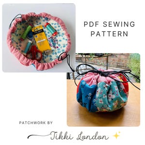 Round Patchwork Drawstring Pouch Sewing Pattern (PDF): Easy Bag for Cosmetics, Notions & Small Items