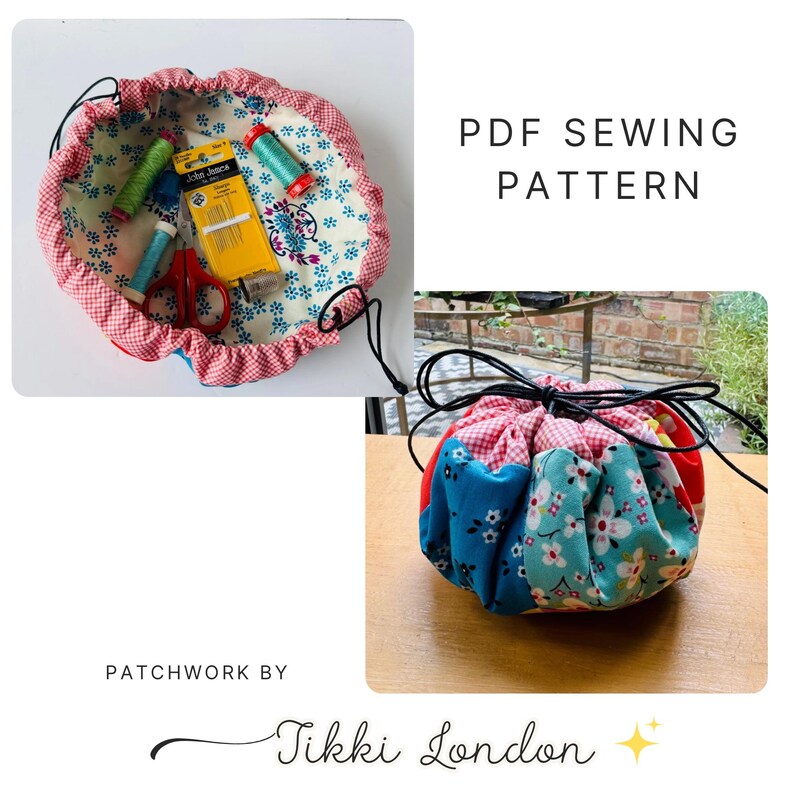 Round Patchwork Drawstring Pouch Sewing Pattern (PDF): Easy Bag for Cosmetics, Notions & Small Items