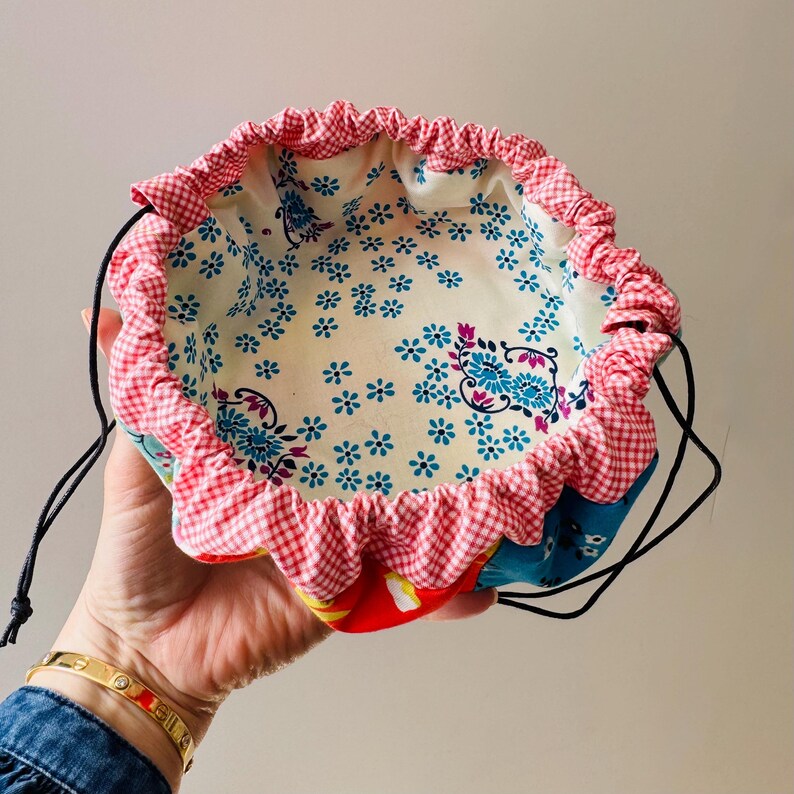 Round Patchwork Drawstring Pouch Sewing Pattern (PDF): Easy Bag for Cosmetics, Notions & Small Items