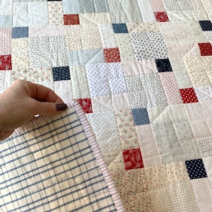 Easy Baby Quilt Pattern cot & single bed sizes, beginner friendly patchwork sewing tutorial, disappearing nine patch, PDF by Tikki London