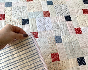 Easy Baby Quilt Pattern cot & single bed sizes, beginner friendly patchwork sewing tutorial, disappearing nine patch, PDF by Tikki London