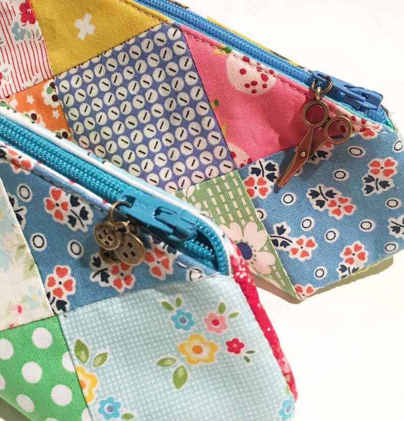 Pencil case pouch PDF sewing pattern, a fun & easy 3D elongated triangle prism shape zip patchwork bag design by Tikki London