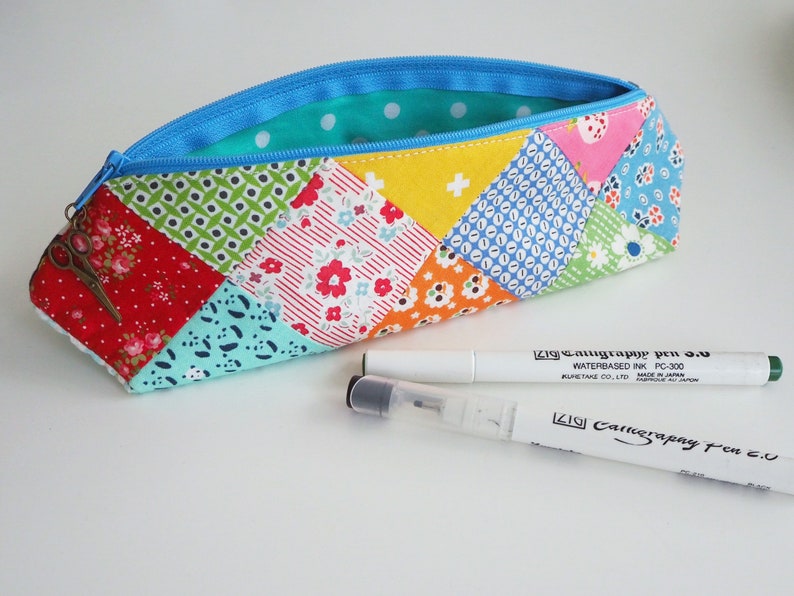 Zipper Pouch Pattern, triangular prism shape, modern patchwork, pencil case, zippy pouch, sewing pattern