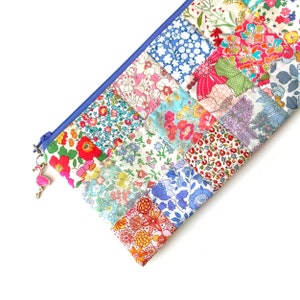 Liberty London Love, Easy Patchwork Pencil Case PDF Sewing Pattern, sample pouch made in pretty Liberty London ditsy floral fabrics, quilted zip bag tutorial.