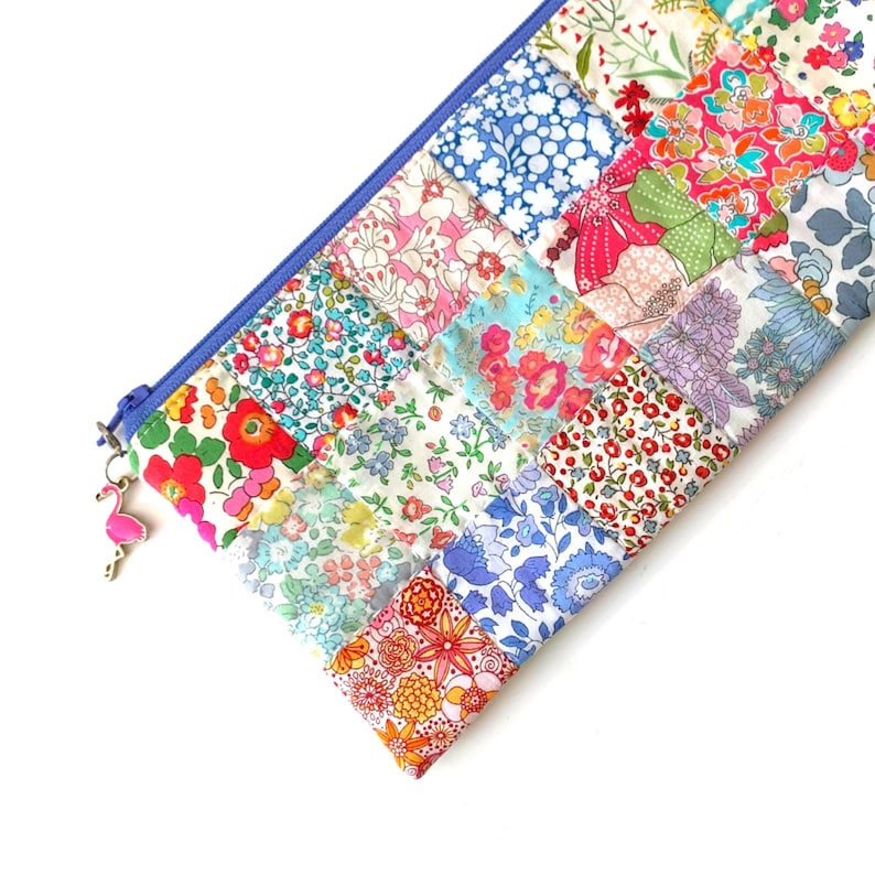 Liberty London Love, Easy Patchwork Pencil Case PDF Sewing Pattern, sample pouch made in pretty Liberty London ditsy floral fabrics, quilted zip bag tutorial.