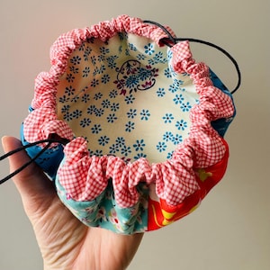 Round Patchwork Drawstring Pouch Sewing Pattern (PDF): Easy Bag for Cosmetics, Notions & Small Items