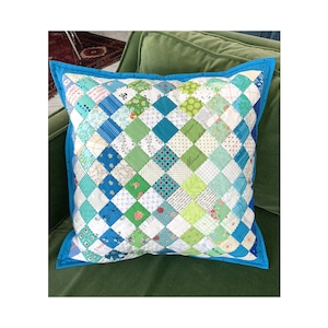 Squares on Point Patchwork Cushion Sewing Pattern, easy four patch quilt pillow cover design, PDF tutorial by Tikki London, DIY home decor