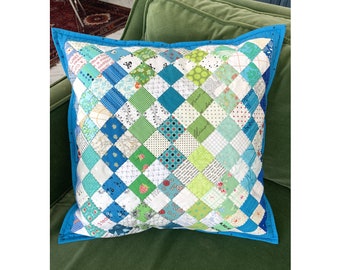 Squares on Point Patchwork Cushion Sewing Pattern, easy four patch quilt pillow cover design, PDF tutorial by Tikki London, DIY home decor