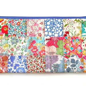 Easy Patchwork Pouch Pattern, zipper bag, pencil case, zippy bag, zip pouch sewing tutorial, made with Liberty London lawn fabric scraps PDF