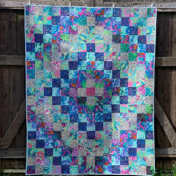 Trip Around the World Quilt Pattern, patchwork sewing tutorial, throw size quilt 52” x 66”, made in blue Kaffe Fassett fabrics, PDF download