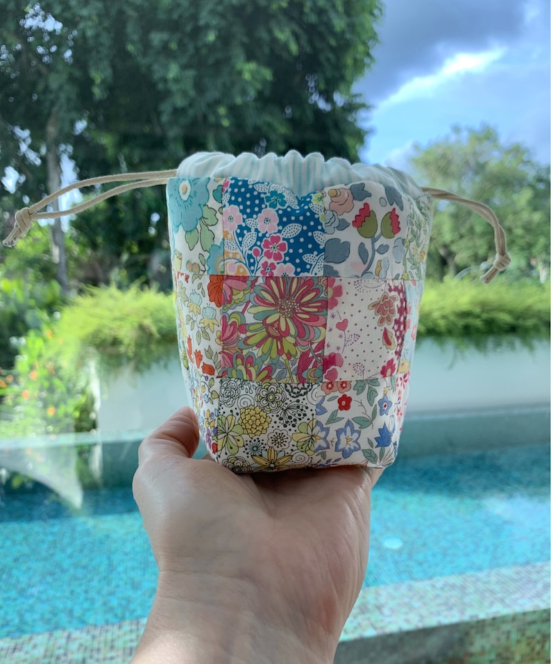 Drawstring Pouch Bag sewing pattern, cute modern patchwork quilt project, we used scrappy Liberty London cotton lawn fabrics, small size