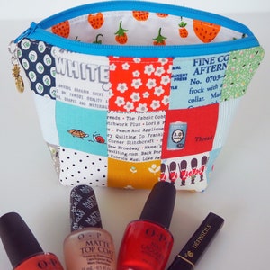 Zipper Pouch Pattern, make-up bag, zippy pouch, scrappy quilt fabric patches, patchwork sewing pattern, PDF download by Tikki London