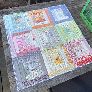 Easy Log Cabin Quilt PDF Sewing Pattern, beginner friendly small project size, fun DIY scrappy patchwork stitching project by Tikki London