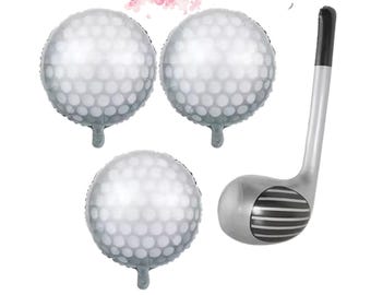 Juego de globos con forma de pelotas y palos de golf: 4 globos de aluminio con diseño de golf para decoración de fiestas.