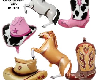 Folieballonnen cowboy- en cowgirlfeest: westernhoed, laars, paard, latexballon met koeprint | Western decoratie verjaardagsfeestje