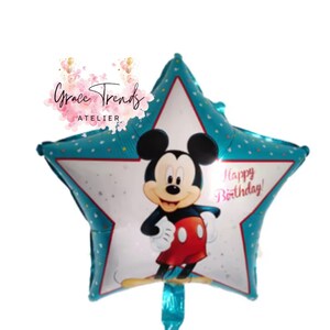 May include: A star-shaped balloon featuring Mickey Mouse. The balloon has a teal border with white polka dots and a white center. Mickey Mouse is in the center, with the words "Happy Birthday!" written on the balloon.