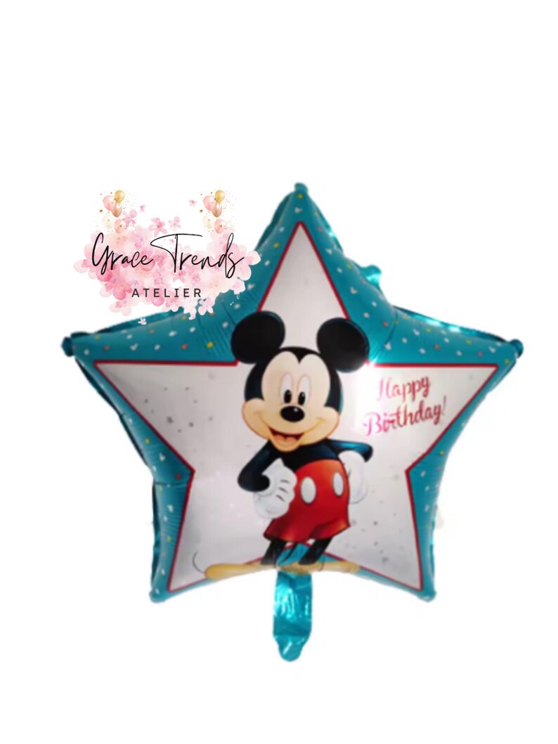 May include: A star-shaped balloon featuring Mickey Mouse. The balloon has a teal border with white polka dots and a white center. Mickey Mouse is in the center, with the words "Happy Birthday!" written on the balloon.