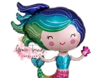 Balão Sereia Brilhante 20", Animal Marinho 1 unidade, Balão Sereia Metalizado, Decorações para Festa com Tema Fundo do Mar, Balões de Aniversário para Menina