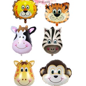 May include: A collection of animal-shaped foil balloons, including a lion, tiger, cow, zebra, giraffe, and monkey. Each balloon features a cartoon-style design with bright colors and smiling faces. Ideal for children's parties or themed events.