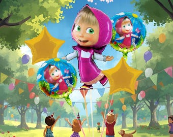 Mascha und der Bär Folienballons Bouquet: Birthday Party Deko Luftballons, 5Stk