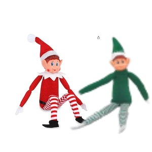 May include: Two elf dolls. One is wearing a red and white striped outfit with a red hat and black shoes. The other is wearing a green outfit with a green hat and gray and white striped pants. Both dolls have rosy cheeks and white collars.