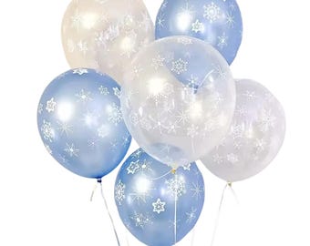 Globos de látex con forma de copo de nieve (6 unidades), blanco o azul, para fiestas de invierno, fiestas de Frozen y decoraciones navideñas.