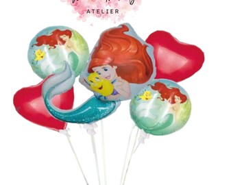 Princess Ariel Foil Balloons Bouquet:  Mermaid balloon 5pcs